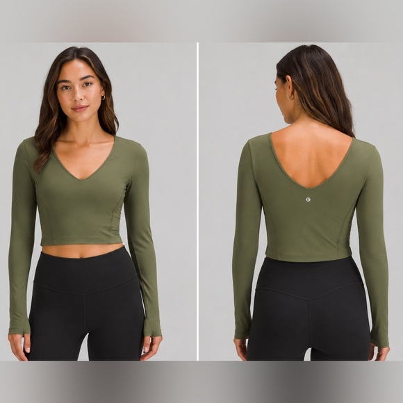lululemon athletica Tops - Lululemon Align V-Neck Long Sleeve Crop Top Olive Green Nulu Women's Size 6
